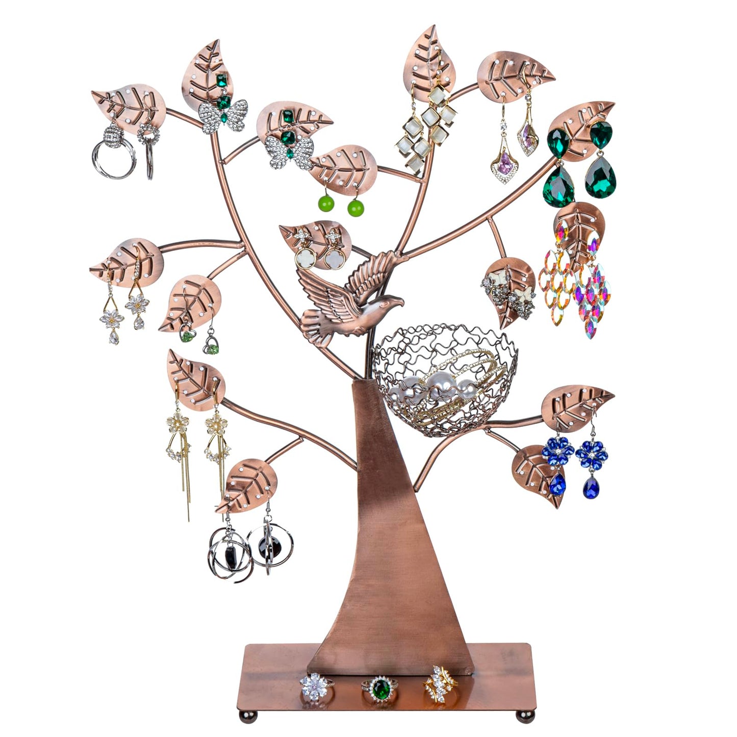 MyGift 14-Inch Modern Bronze Jewelry Organizer Tree with Bird Nest – Holds 48 Earrings, Necklace & Bracelet Stand, Metal Tabletop Display for Rings, Trinkets – Decorative Storage for Home Décor