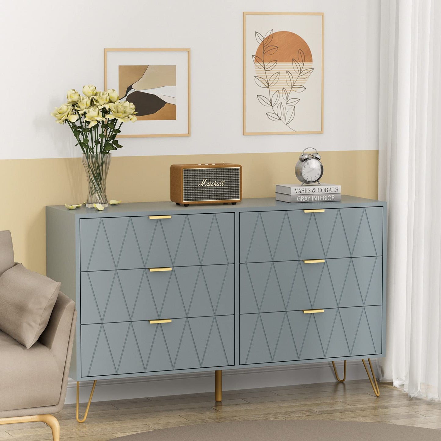 UEV Large Blue 6 Drawer Dresser,Modern Dresser Chest with Wide Drawers and Metal Handles,Wood Storage Chest of Drawers for Bedroom,Hallway,Entryway (Blue, Large 6 Drawer)