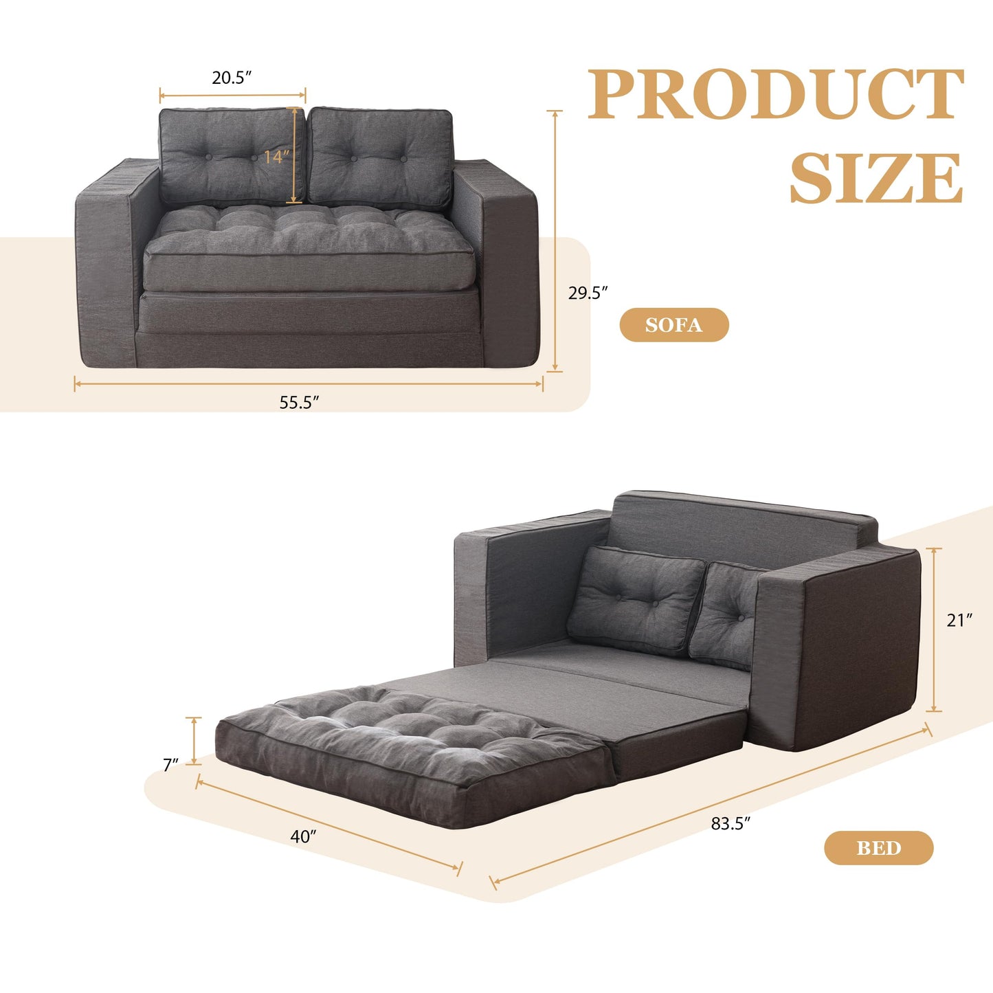 YOSHOOT Loveseat Sleeper Sofa,55" Convertible Sofa Bed Couch Futon Couches for Living Room,3-in-1 Pull Out Floor Couch with Reclining Backrest and Pillows