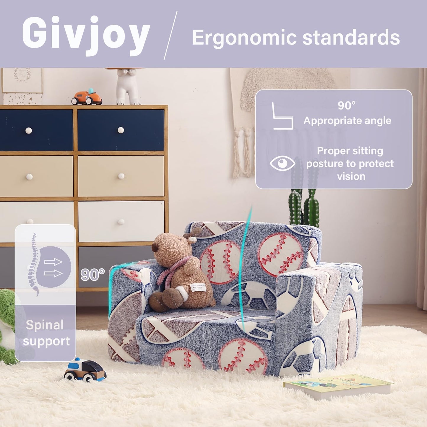 Givjoy Toddler Chair Kids Couch, 2-in-1 Toddler Soft Sherpa Couch Fold Out Armchair Glow in The Dark with Removable Cover, Convertible Reading Chair Toddler Sofa for Kids, Football