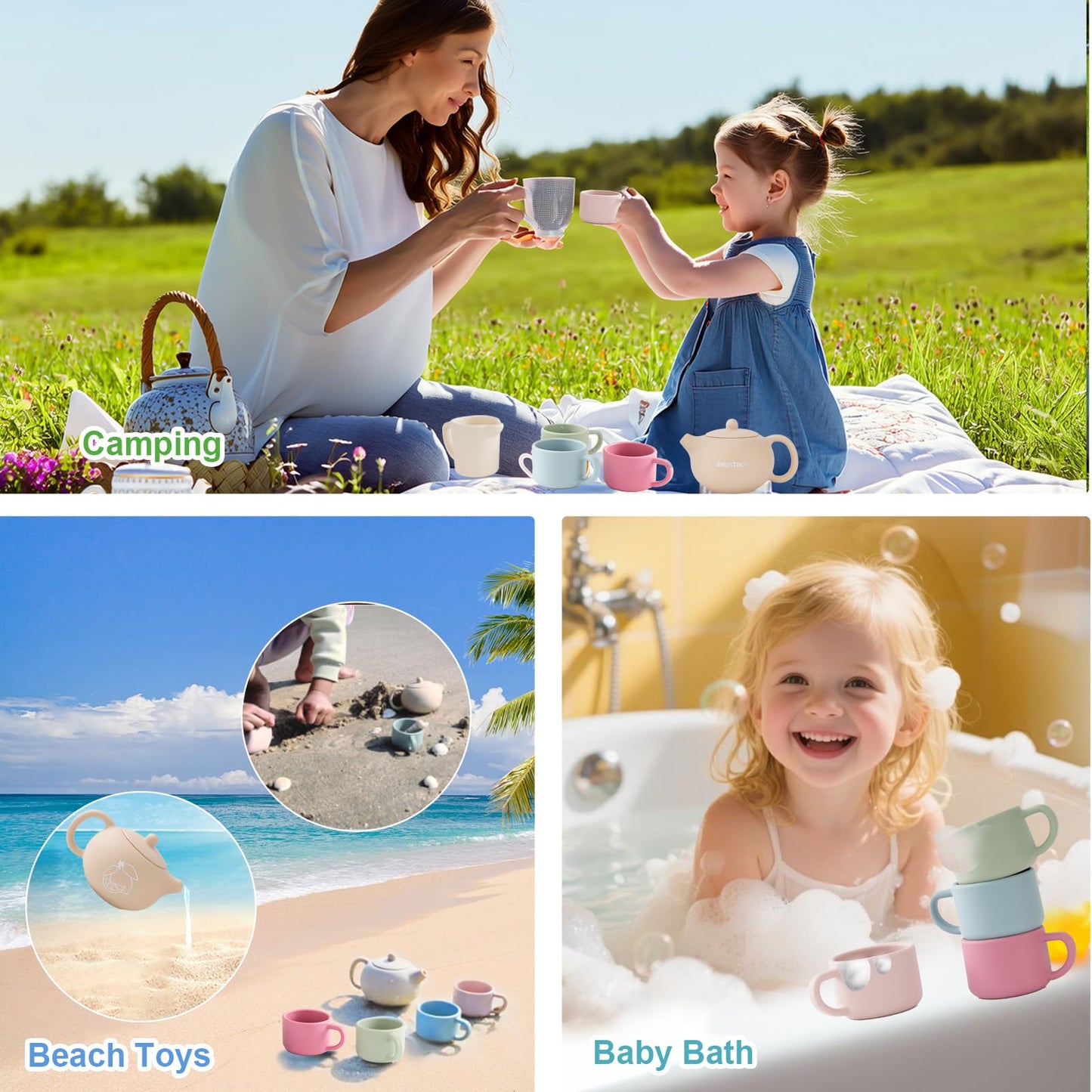 Smartwo Silicone Tea Set for Toddlers Aged 0+ Months,Real or Play Tea Party Set for Kids,Non-Toxic Baby Kitchen Toys,Cute Morandi Children Gift Suitable for Little Girl Boy(with Washable Cloth Napkin)
