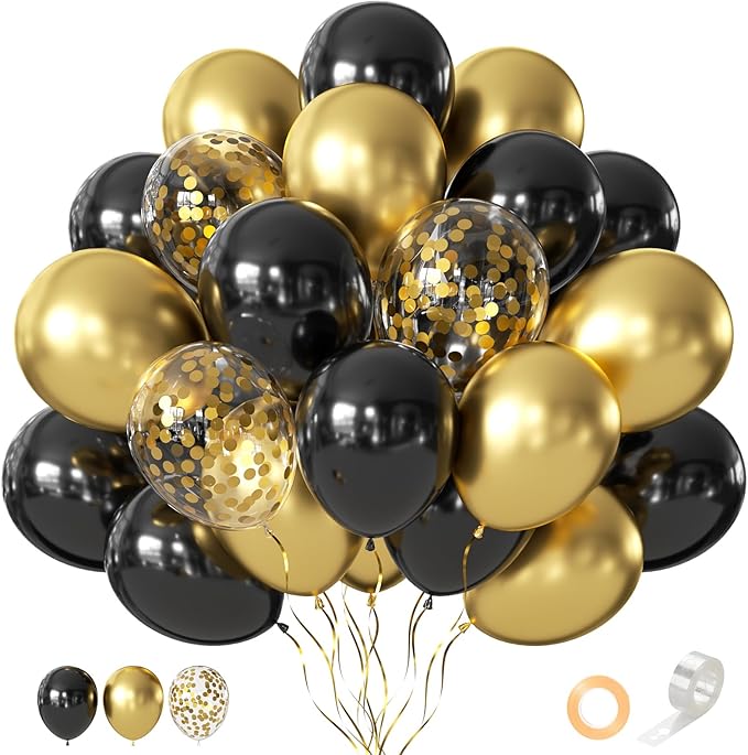 CVPARTYON Black and Gold Balloons, 55 Pcs 12 Inch Metallic Gold Balloons Black Balloon Gold Confetti Latex Balloon for Bir...