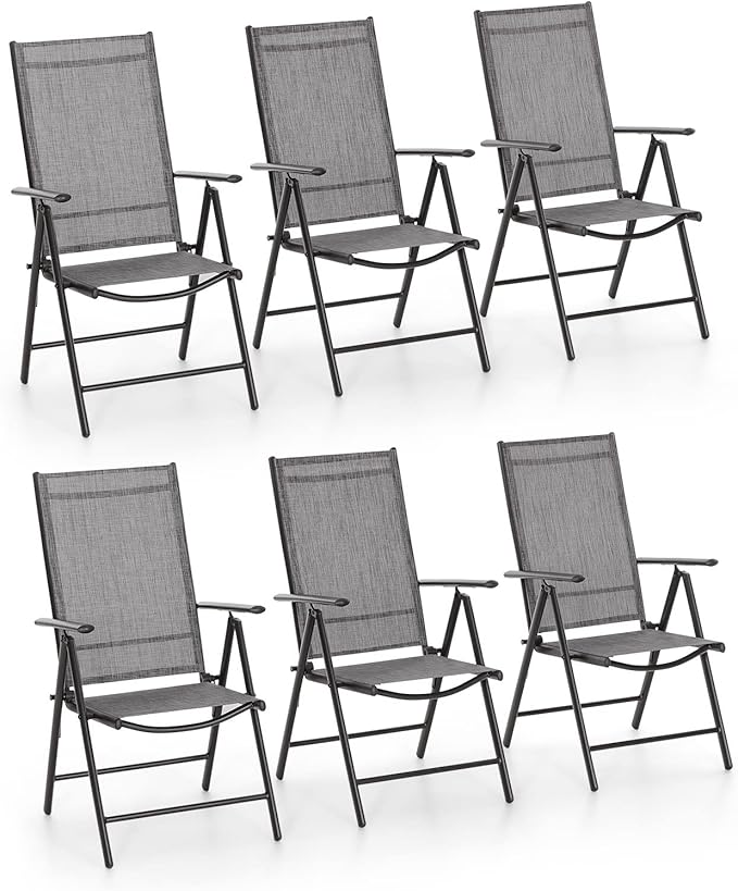 PHI VILLA Outdoor Patio Folding Chairs Set of 6, Portable Patio Dining Chairs with Adjustable Backrest for Outside, Garden, Lawn & Yard, No Assembly, Grey