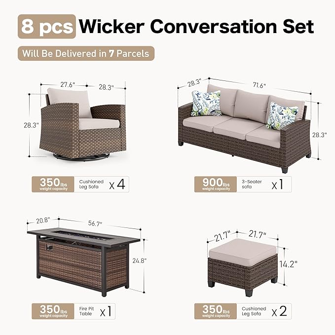 SUNSHINE VALLEY Swivel Glider Patio Furniture Set Outdoor Furniture Brown Wicker Rattan Patio Conversation Sets with Cushion Outside Sofa Set,7 Pieces with Rectangular Firepit Table,9 Seats,Beige