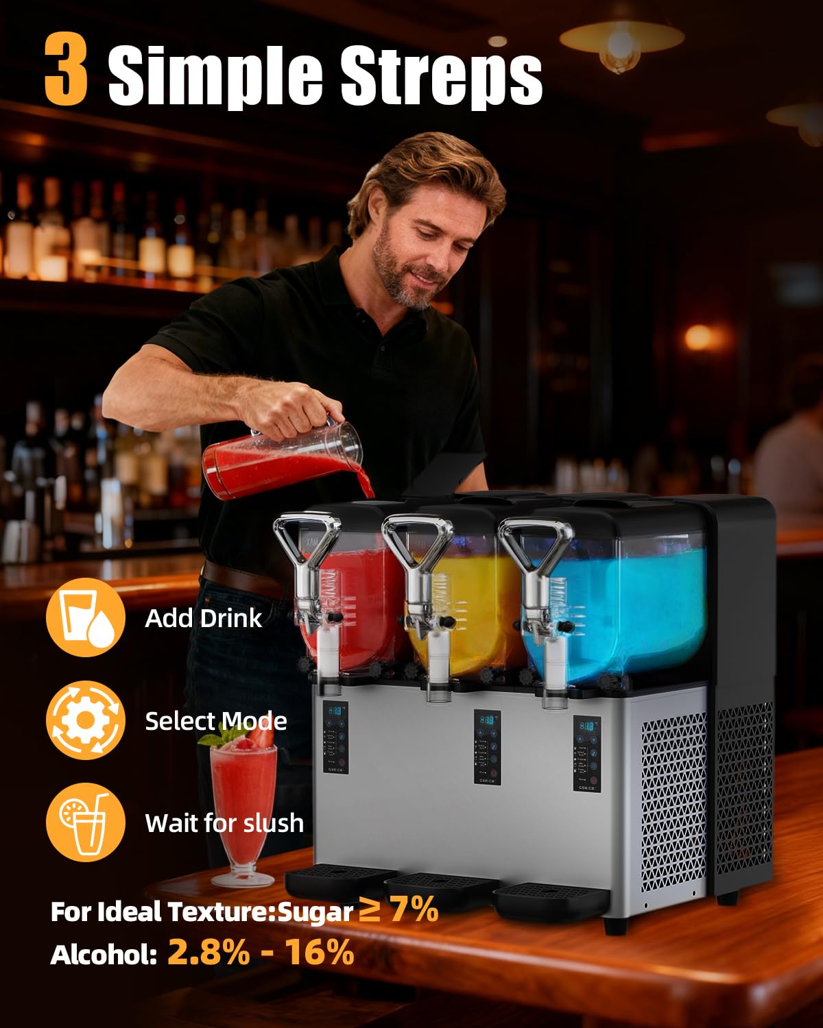 5-in-1 Commercial Slushy Machine, 135oz x 3 Tank Slushie Machine with LED Lights for Party Bars, No Ice Needed, Superior Smooth Output Margarita Machine for Slush, Cocktails, Frappe, Milkshake, Juice
