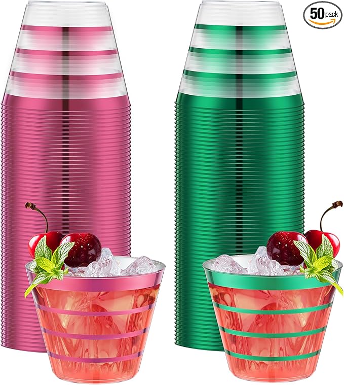 Gejoy 9 oz Happy New Year Rimmed Stripe Plastic Cups Bulk Disposable Wine Hard Plastic Drinking Cocktail Cups Tumblers for...