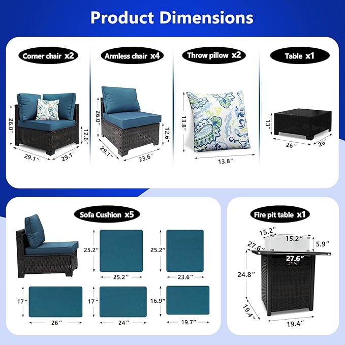 3D MATRIX 8 Pieces Patio Sets with 28" Gas Fire Pit Table Wicker Rattan Outdoor Furniture Set Conversation Set with Garden,Balcony,Pool, Deck (Brown & Peacock Blue, 8pcs Set)