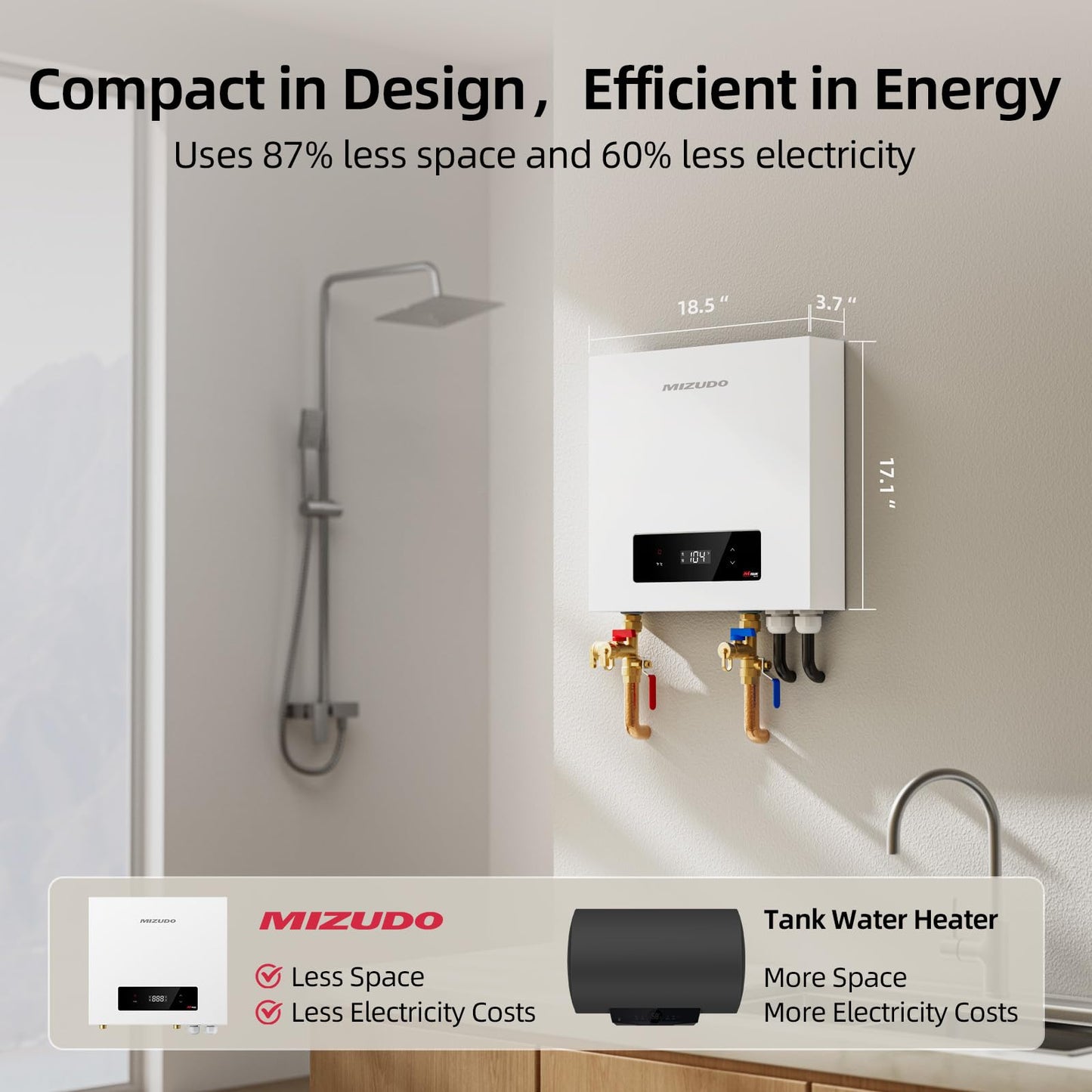Mizudo 36kW Tankless Water Heater Electric, 240 Volt Instant Hot Water Heater, Up to 8.7 GPM for the Whole House Shower, 5-6 Points of Use, with LED Digital Display, Copper Cup Heating Element