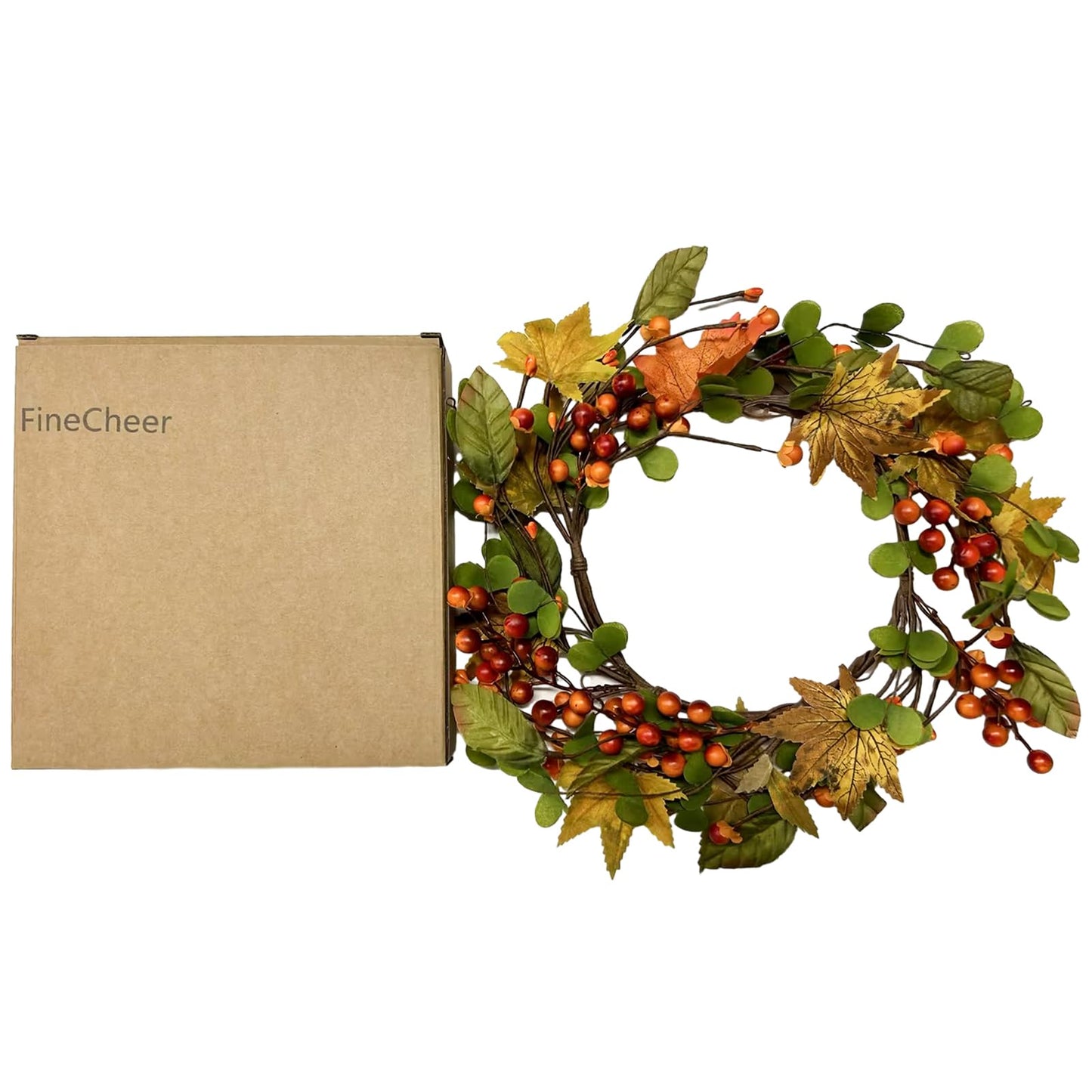 FineCheer 1 Pcs 6.5'' Inner 12" Outer Fall Candle Rings Artificial Maple Leaves Berries Garland for Candlestick Autumn Wreath Candle Holders for Fall Thanksgiving Halloween Table Centerpiece Decor