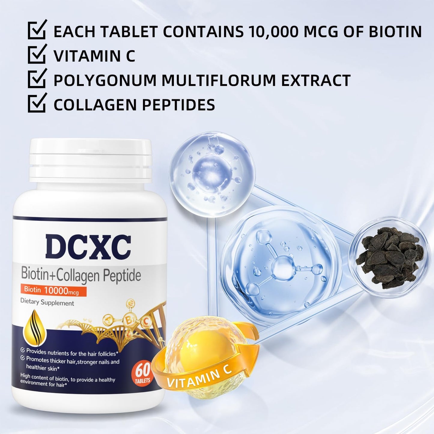 DCXC Biotin Collagen Supplement,Supports Healthy Hair, Skin and Nails, Biotin Collagen Peptide,60 Tablets, One Bottle