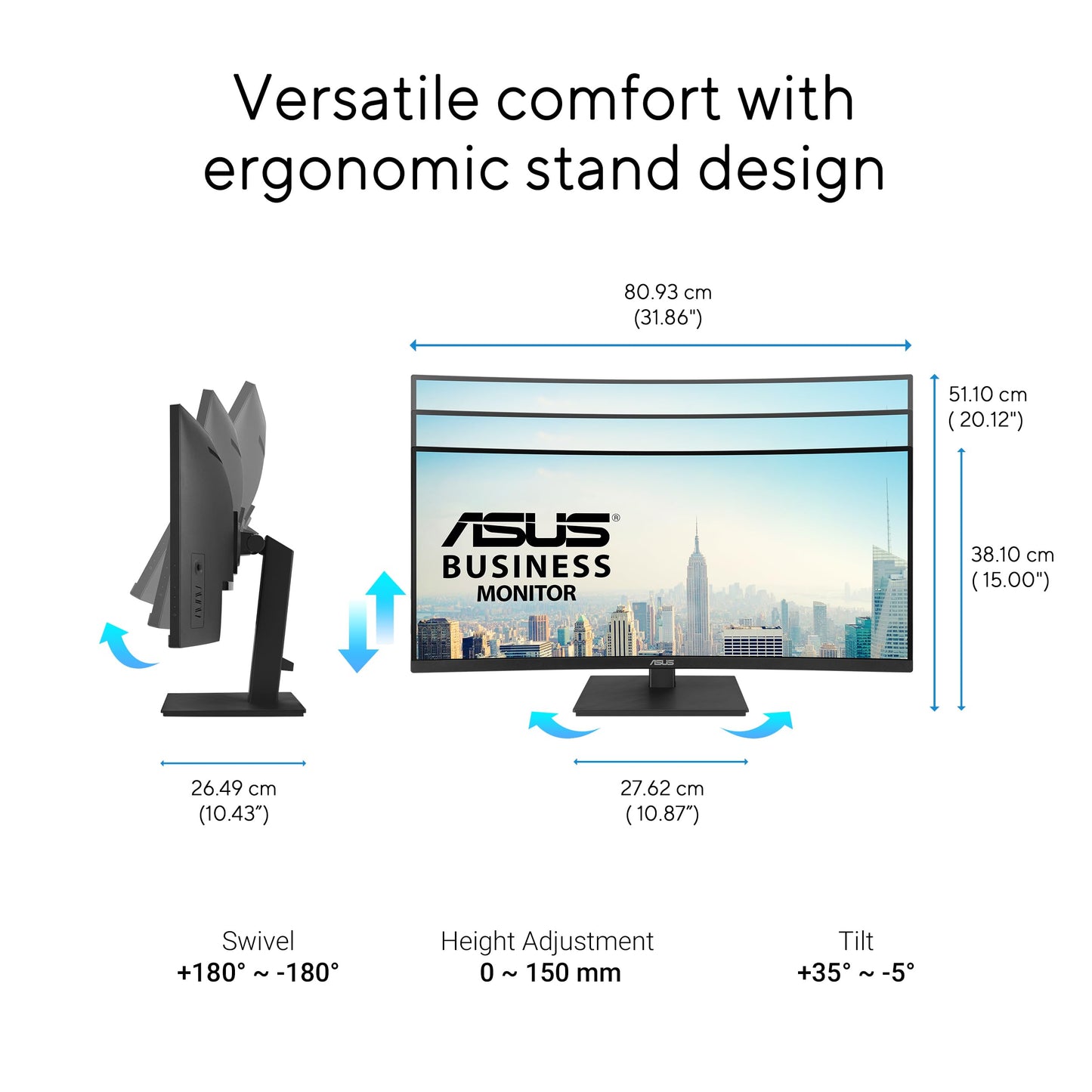 ASUS 34” Curved USB-C Docking Monitor (VA34VCPSR) - WQHD (3440x1440), 1500R Curvature, Frameless, USB-C PD 96W, RJ45, USB hub, Eye Care, Ergonomic, VESA Wall Mountable, 3 yr Warranty