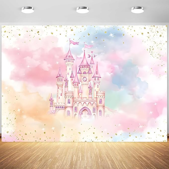 5x3ft Princess Castle Backdrop for Girl Birthday Pastel Rainbow Pink Castle Photography Background Birthday Baby Shower Pa...