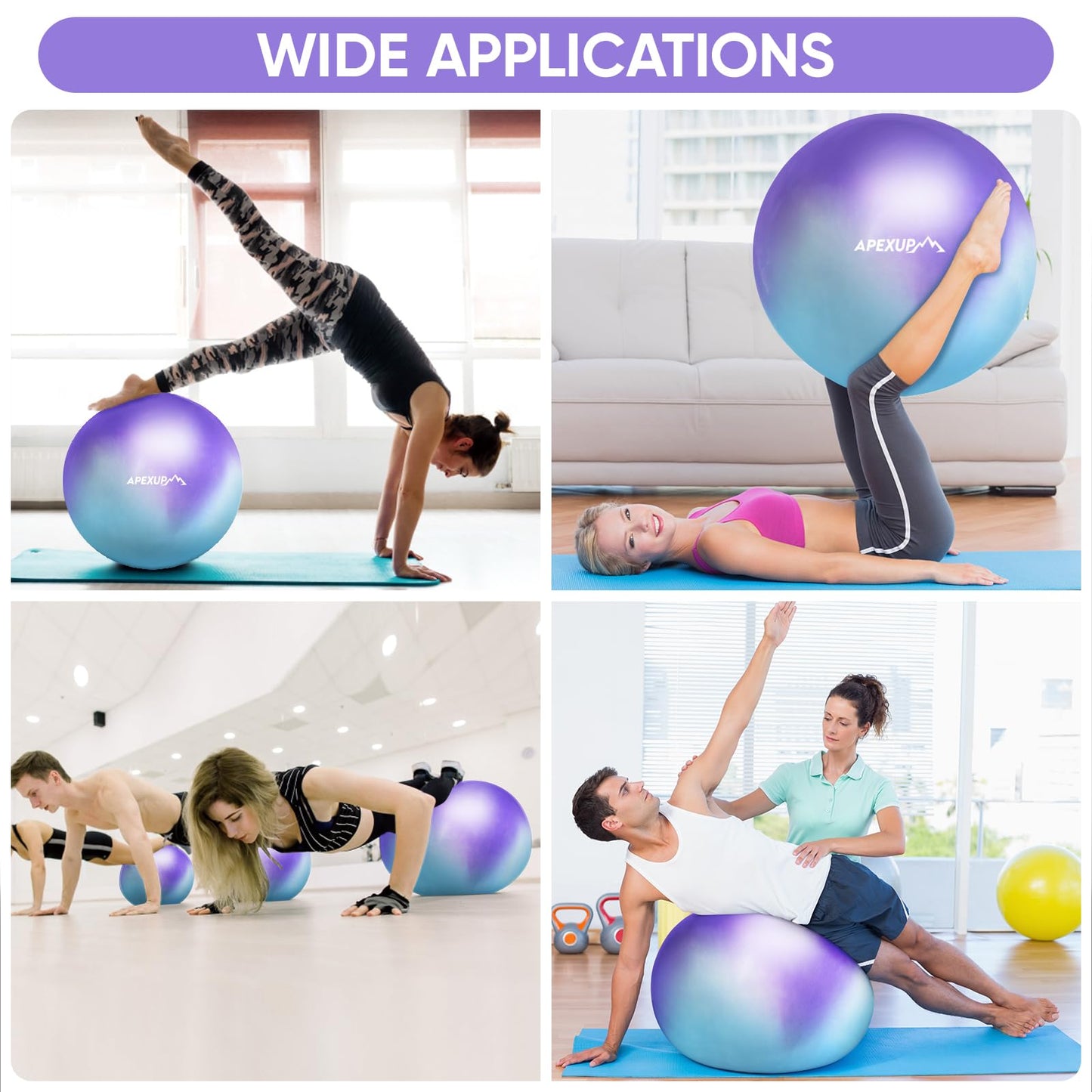 APEXUP Yoga Ball Exercise Ball, Heavy Duty Gym Ball for Fitness, Balance, Core Workout, Physical Therapy (S (15"~18") 45cm, Blue Purple)