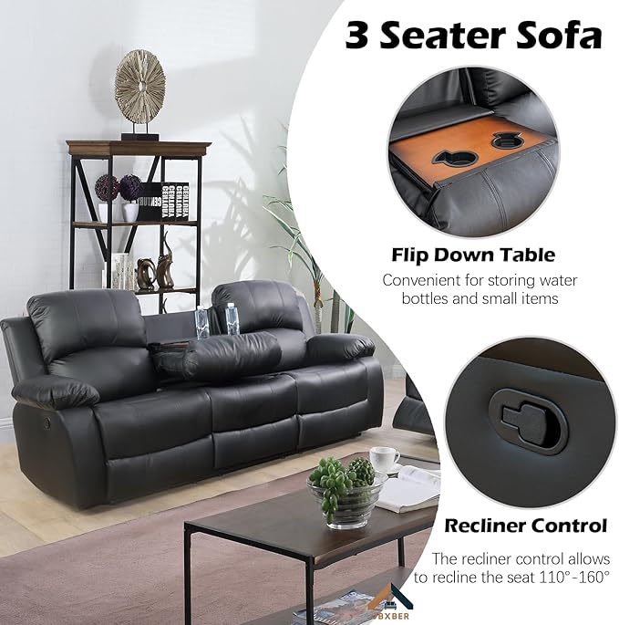 JBXBER Manual Recliner Sofa Set for Living Room, Leather Reclining Sofa Sets, Faux Leather Couch Set with Cup Holders, Drop-Down Table and Storage Console(3 Piece Set,Black)