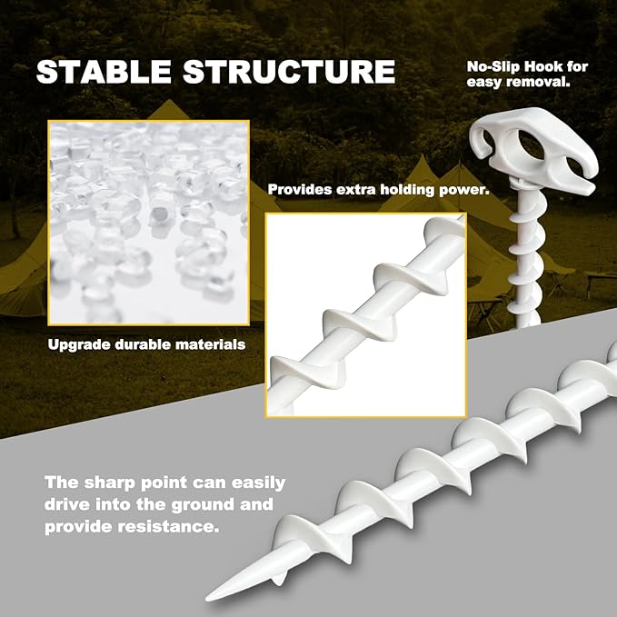 COBARYEN Tent Stakes Ground Anchors Screw in, 6 Pack Sand Stakes for Beach 9.4 Inch Heavy Duty Spiral Tent Pegs for Camping, Party, Hiking, Outdoor Decoration (6, White)