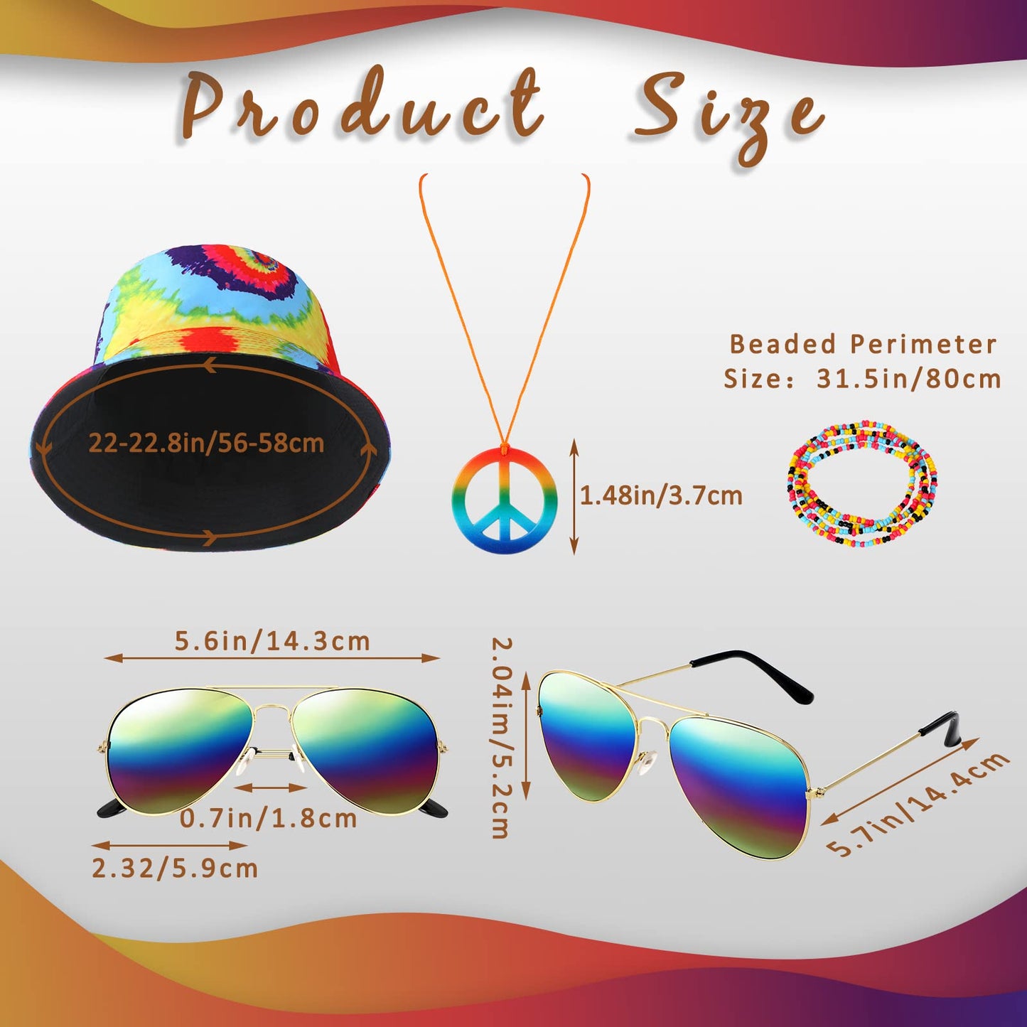 Mepase 6 Pcs 60s 70s Hippie Costume Tie Dye T Shirt Fringed Vest Peace Sign Necklace String Beads Bracelet Hat Sunglasses (Large)