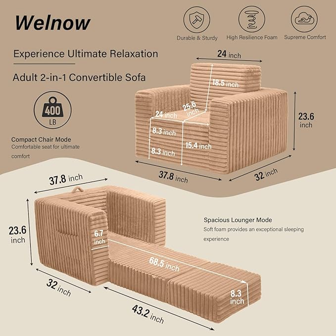Welnow Folding Sofa Bed with Ottoman, Convertible 2-in-1 Boneless Couch Futon Lounge Chair Bed for Adults, Comfy Fold Out Sleeper Sofa for Small Spaces, Living Room, Bedroom, or Dorm, Khaki