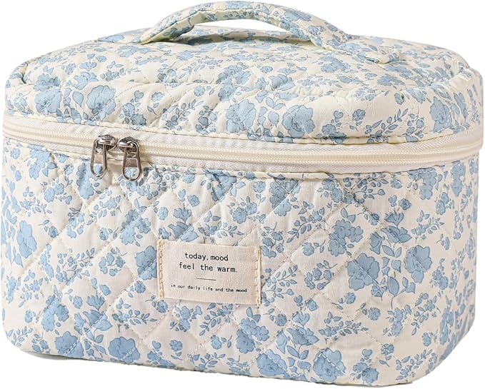 uekeboag Large Travel Quilted Makeup Bag for Women, Floral Cotton Cosmetic Bag, Coquette Aesthetic Floral Toiletry Organiz...