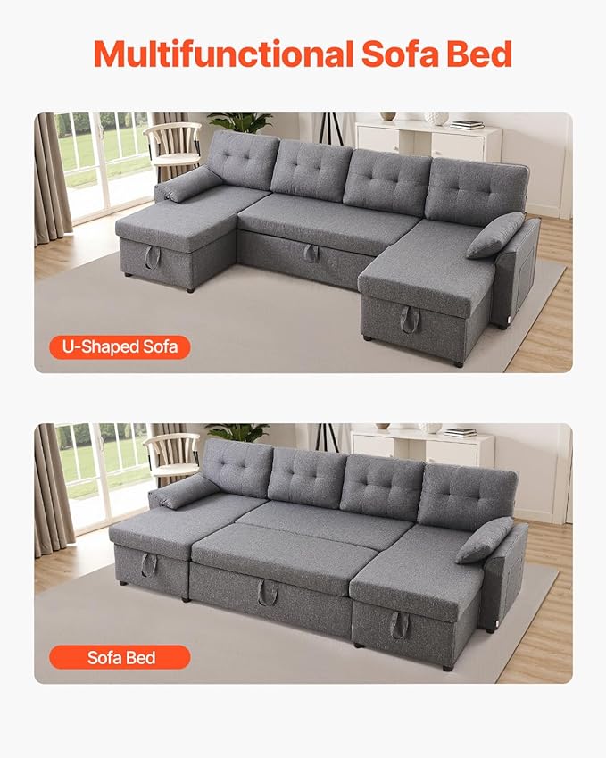 VEVOR U Shaped Sofa Bed, Convertible Sofa Bed with 2 Side Pockets, 2 Pillows and Double Chaise, 6-Seat Pull Out Sleeper Couch with Large Storage Capacity for Living Room, Apartment, Metal Frame, Gray