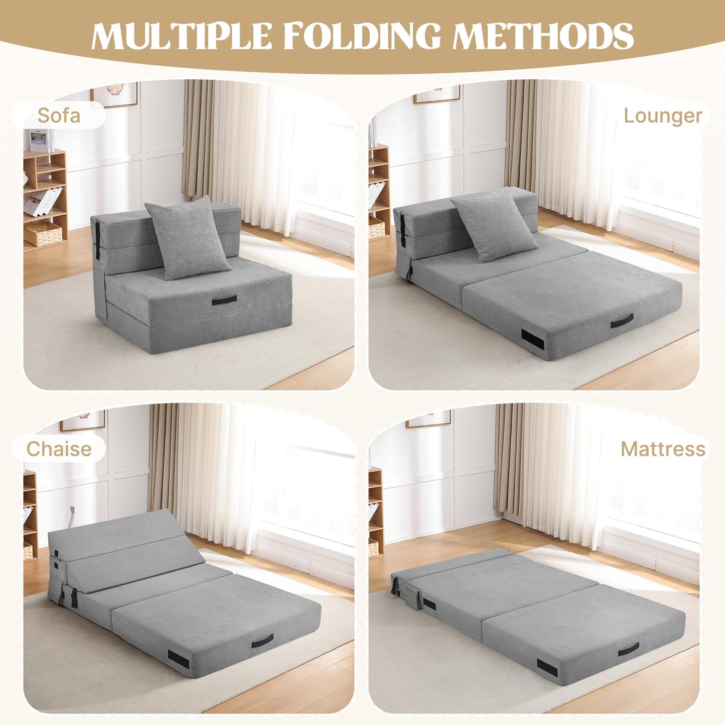Aivermeil Folding Sofa Bed Couch Futon Sleeper Chair with Pillow, Convertible Futon Couch, Foldable Mattress, Washable Cover, for Living Room/Dorm/Guest Room, Twin Size, Dark Grey