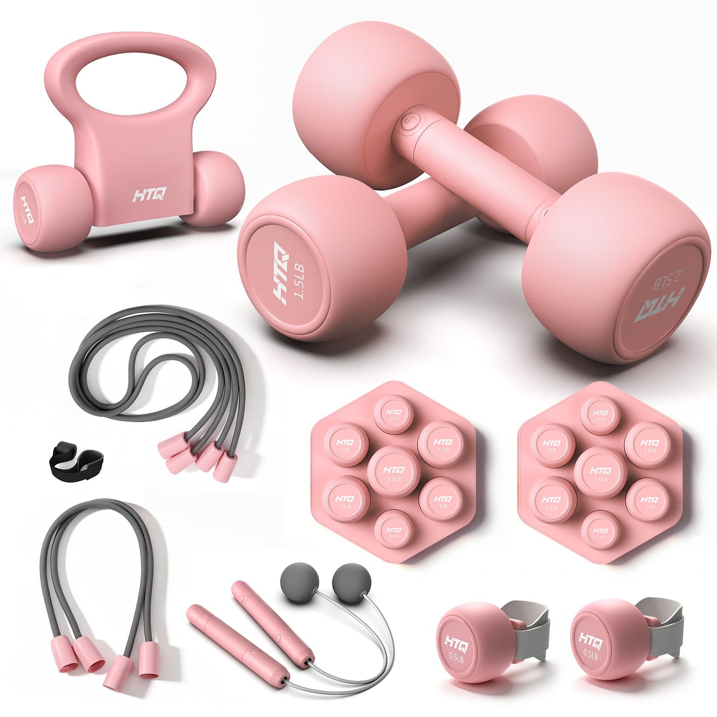 HTQ Adjustable Dumbbell Set for Women, 2-17LBS Total Plate Weight Home Workout Equipment with Kettlebell, Wrist Weights, Resistance Tube, Jump Rope, Pink/Green Free Weights Set for Women at Home