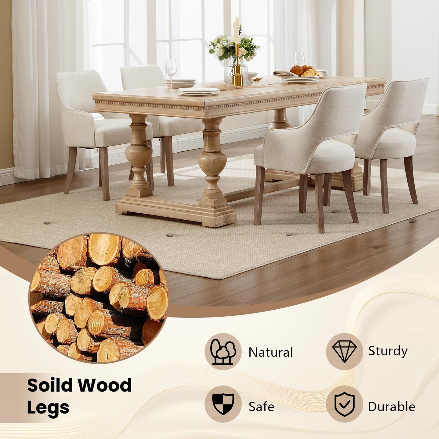 Kmax Linen Fabric Dining Chairs Set of 4 Upholstered Side Chairs Farmhouse Accent Chairs with Open Back Wood Legs for Dining Room Guest Room Restaurant, Cream(Wider Seats)