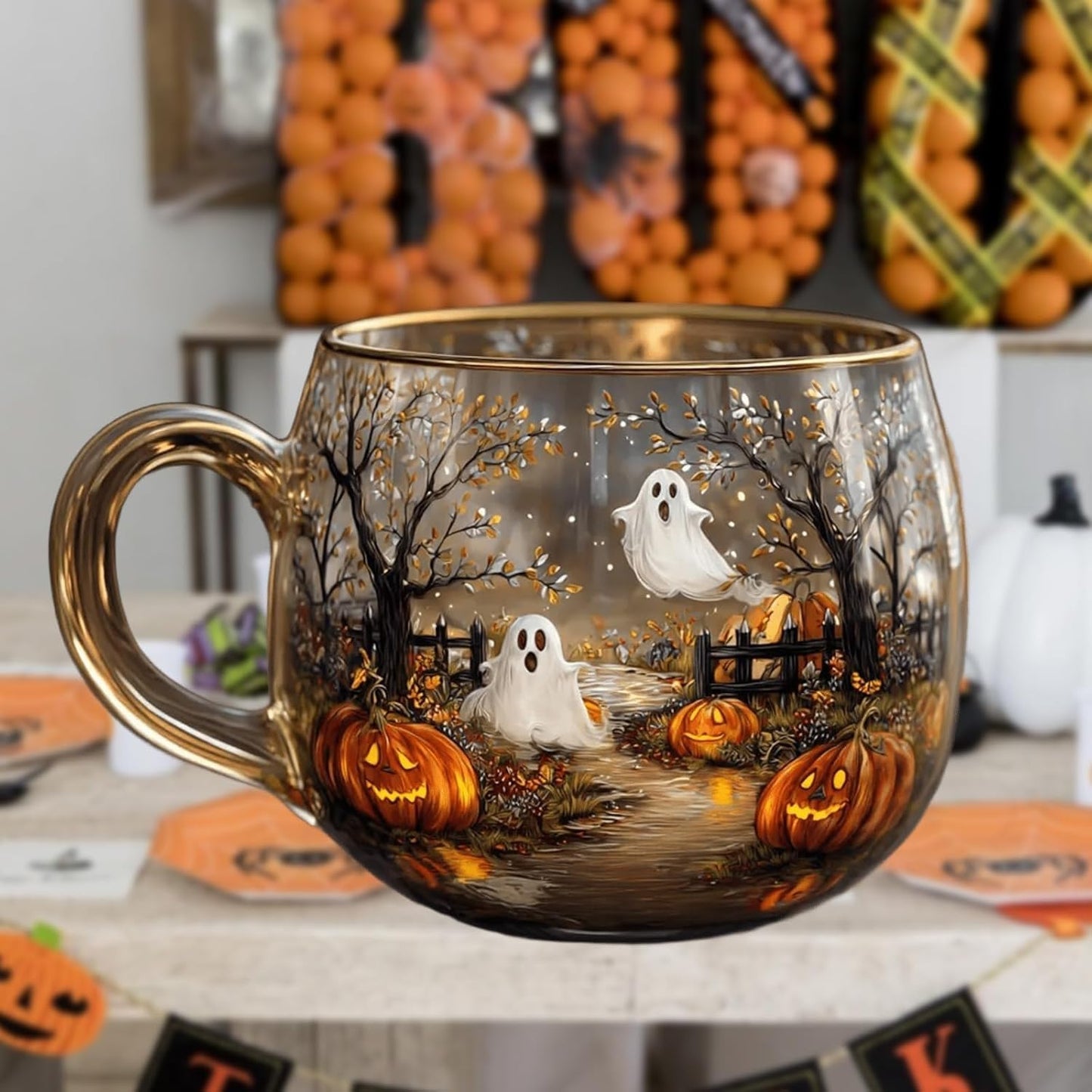 Haunted Path Halloween Mug, Painted Halloween and Pumpkins Ceramic Mug, Spooky Fall Pumpkin Ghost Cup for Halloweens Gifts, Fall Decor, Microwave Safe, A Perfect Choice for Drinks(1PC)