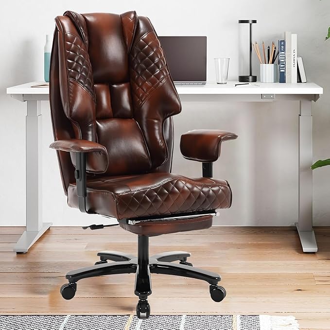 500lb Office Chair, Big and Tall Reclining Office Chair with Footrest, Leather Executive Computer Chair with Wide Seat Recliner Home Desk Chairs with Wheels & Lumbar Support for Heavy People,Brown