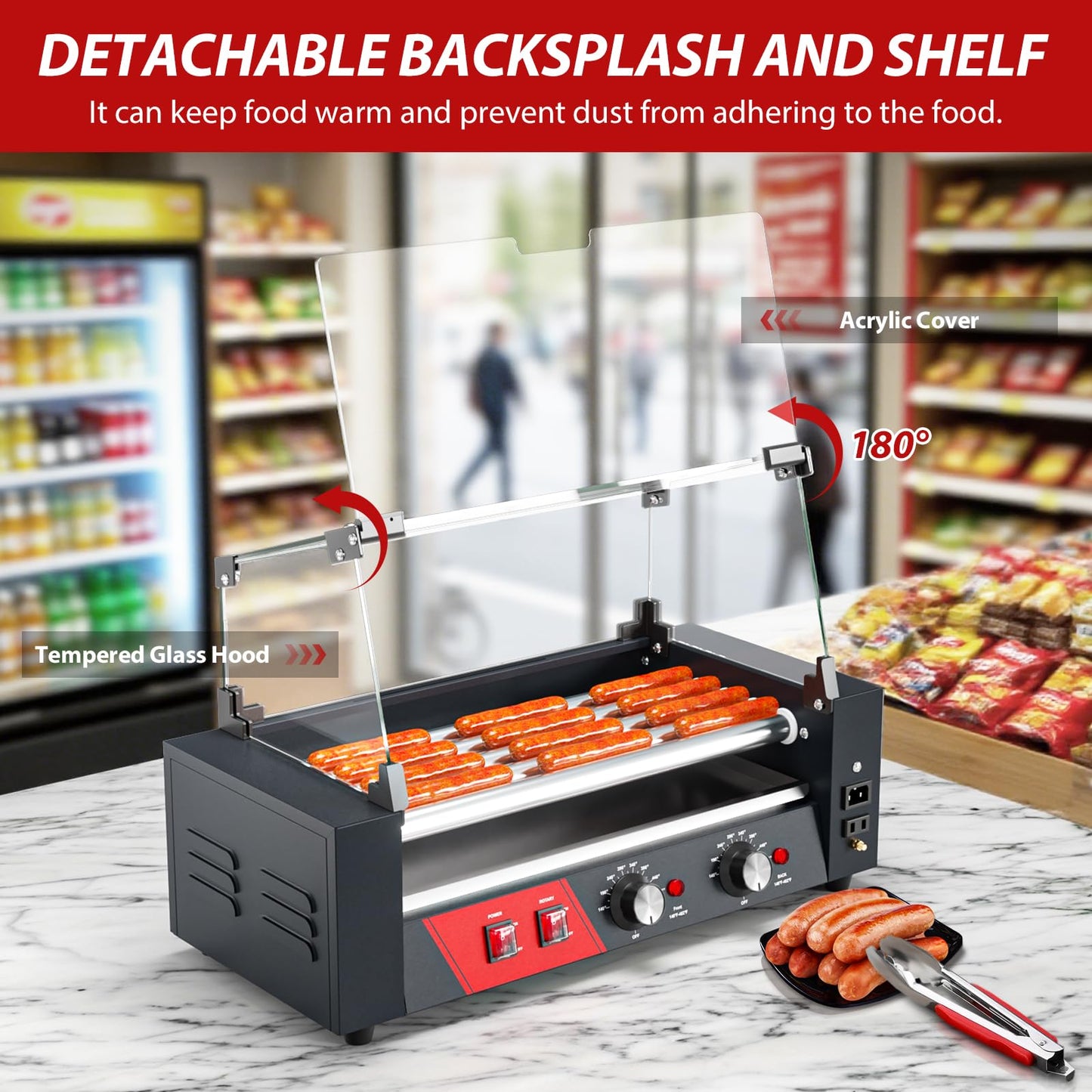Baotree Commercial Hot Dog Rollers, 5 Rollers 12 Hot Dogs Capacity, 750W Stainless Steel Hot Dog Griller with Dual Controls, Glass Cover, Removable Tray for Commercial and Party