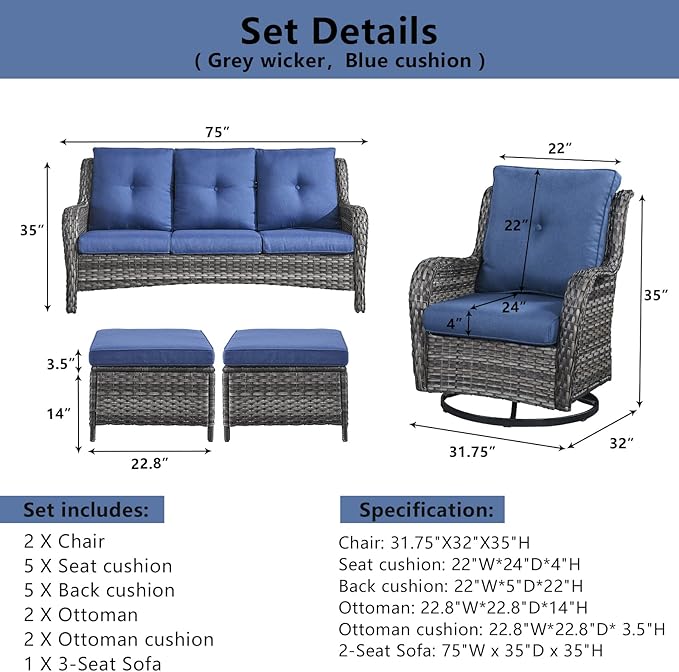 Belord 5 Piece Outdoor Patio Furniture Set - Wicker Furniture Patio Conversation Set, Outdoor Swivel Rocker Chairs with 3-Seater Sofa and 2 Ottomans for Small Space, Blue Cushion