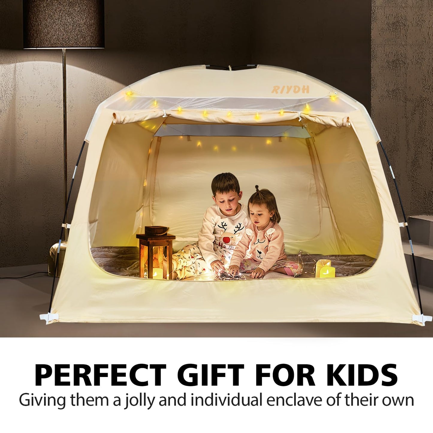 RIYDH Bed Tent Bed Canopy Breathable 100% for Adult and Kids- Original Design Light Reduction 93% Sleeping Dream Tents Indoor Portable Big Space with String Light 3 Doors Twin Full Queen King Size