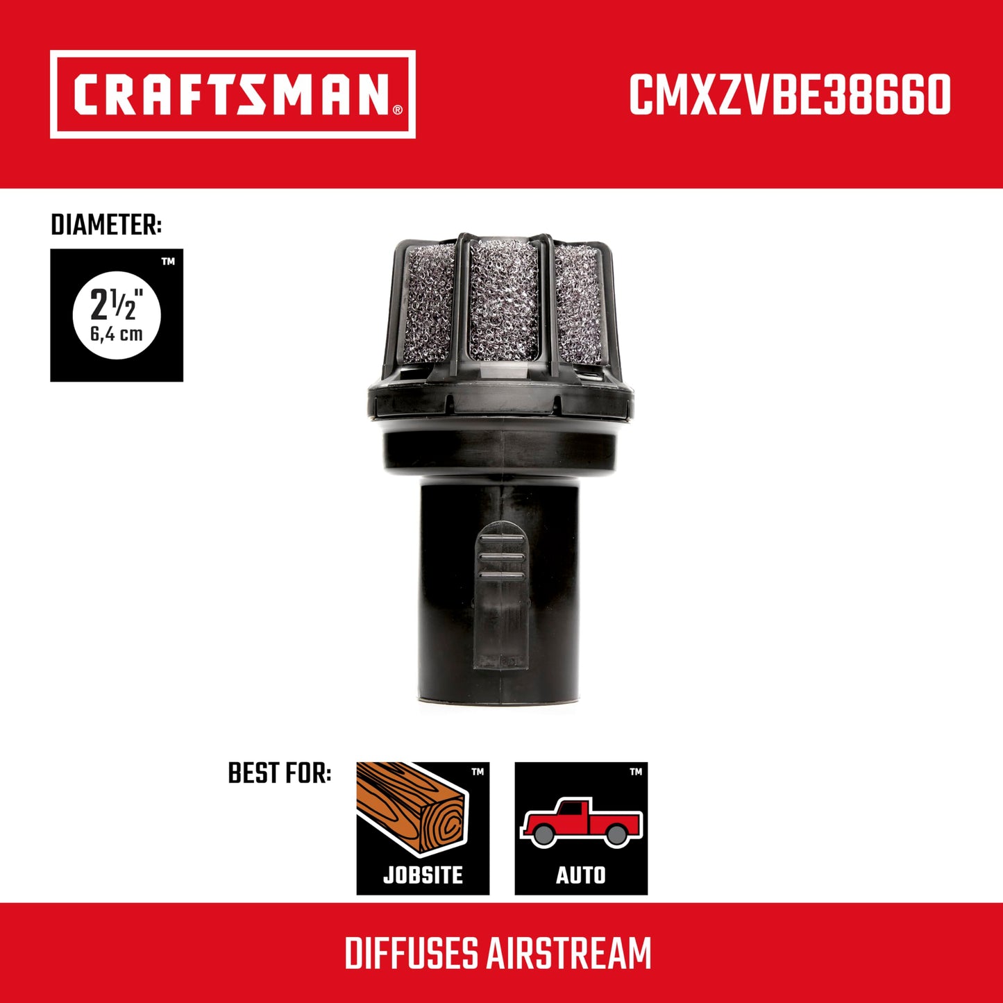 CRAFTSMAN CMXZVBE38660 2-1/2 in. Muffler Diffuser Wet Dry Vac Attachment, Industrial-Grade Shop Vacuum Accessory for Diffusing the Airstream While Cleaning, Fits 2-1/2 in. Hose Diameter