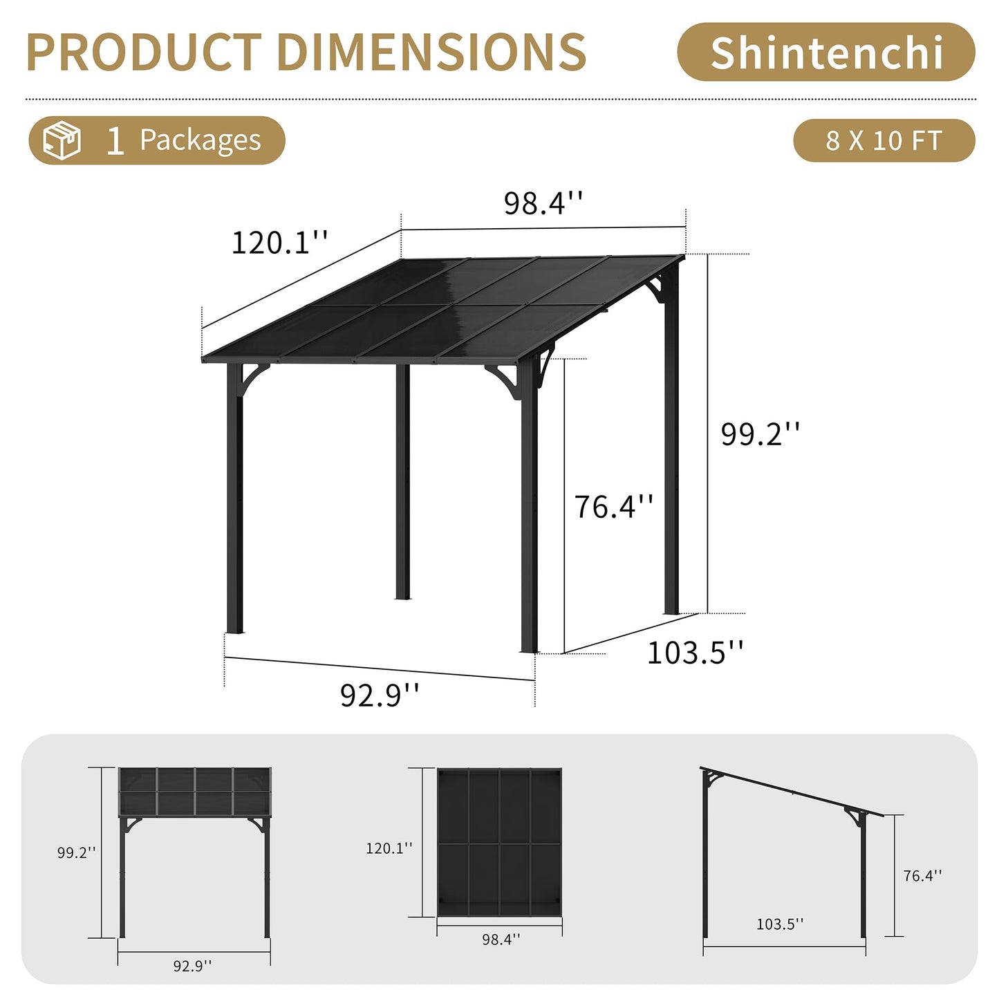 Shintenchi 10’x 8’ Gazebo for Patio,Hard Top Lean to Gazebo Pergola with UV Protection Roof,Large Wall-Mounted Heavy Duty Awnings for Patio, Decks, Backyard and More