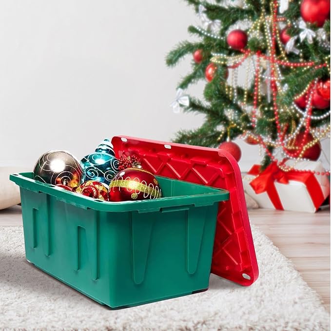 HOMZ 2-Pack Durabilt, Heavy Duty Plastic Storage Bins with Lids, 15 Gallon, Green/Red - Stackable Container Boxes for Holiday, Attic, and Garage Organization