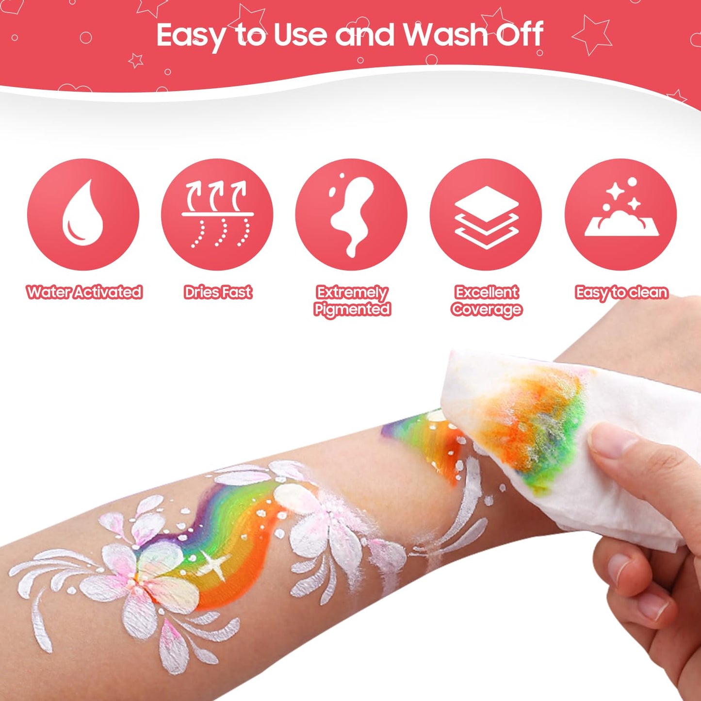 Pintada 42 Color Face Painting Kit for Kids - Non Toxic Water Activated Face Paint Palette With Stencils, Brush, Gems. For Carnival, Halloween, Costume Makeup and Any Creative Activity with Kids