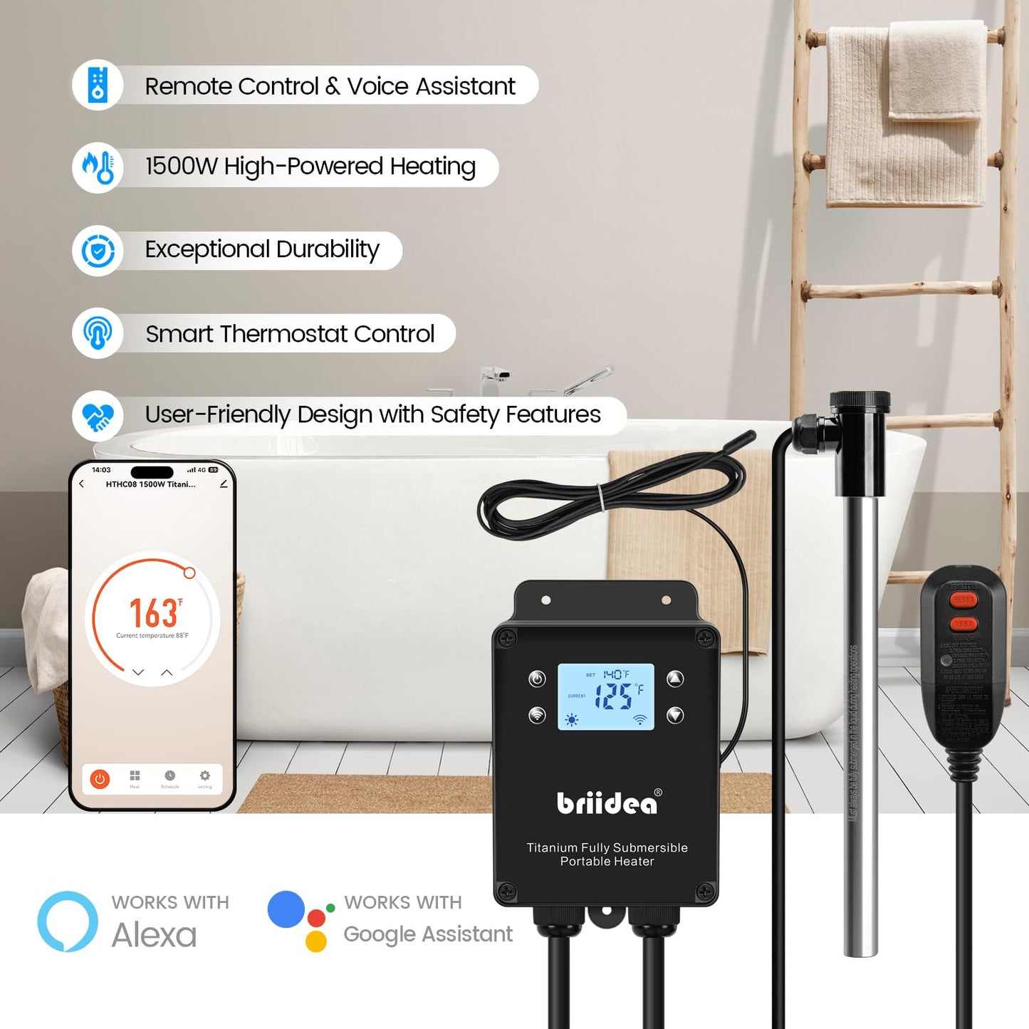 Briidea 120V 1500W WiFi Portable Electric Immersion Water Heater, Compatible with Smart Life APP, Compatible with Alexa, Google Assistant, Anti-Corrosion Sensor, Rapid Heating in Minutes