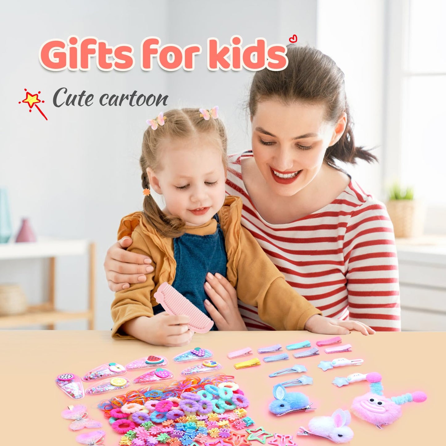 Cute Girl Hair Accessories Set，Toddlers Butterfly Rabbit Sparkle Fruit Star Hair Clip, Flower Small Grab Clip Colorful Rubber Bands and Cotton Baby Elastic Hair Ties