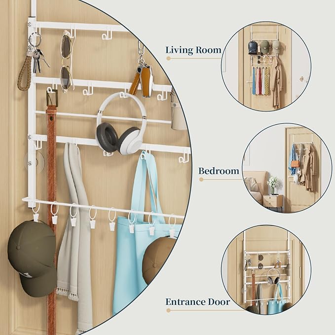 Consumest Over The Door Organizer - 4 Tier Door Hanger Hooks for Hanging Clothing, 24 Inches Long Coat Hanger for Bedroom, Bathroom, Laundry or Dorm Room, White