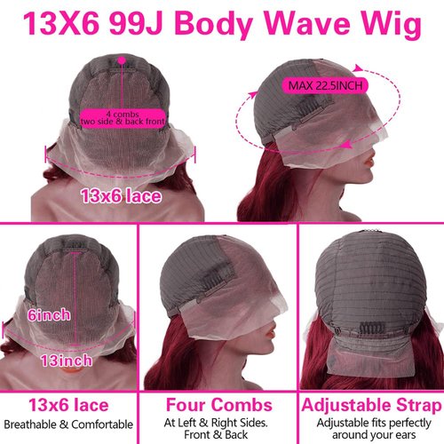 BOSDIOS 13x6 Burgundy Lace Front Wigs Human Hair Red 99J Body Wave Transparent Lace Frontal Wig Human Hair for Black Women Colored Wine Red Wig 200% Density Glueless Pre Plucked With Baby Hair(22in)