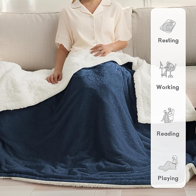 Heated Blanket Electric Blanket Full Size 72''x84'' with 5 Heating Levels, 10 Hour Auto Shut Off, Machine Washable, Flannel & Sherpa Soft Warming Blanket for Couch, Bed, Office - Navy Blue