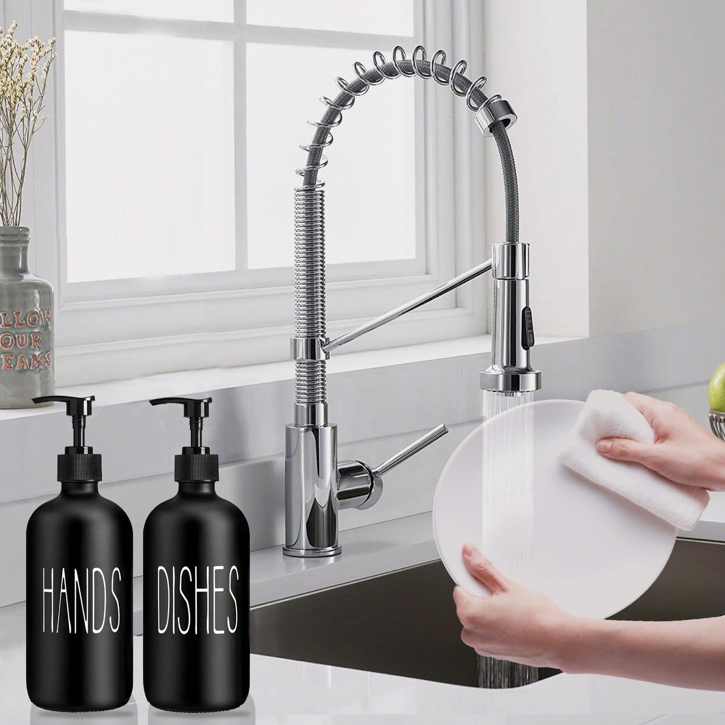 COHOSEGE Glass Soap Dispenser Set 2 Pack,Contains Hand and Dish Soap Dispenser.Premium 16 Oz Black Kitchen Soap Dispenser Set for Kitchen Sink and Farmhouse Decor