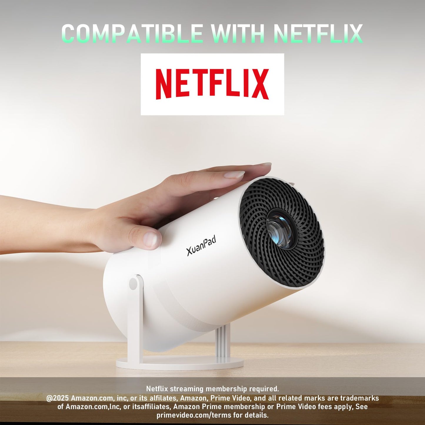 【Bone white Projector & Built-in Apps】XuanPad Mini Projector with Wi-Fi and Bluetooth, Full HD 1080P Smart Portable Projector with 210° Stand, Auto Vertical Keystone, Compatible with HDMI/USB/TV Stick