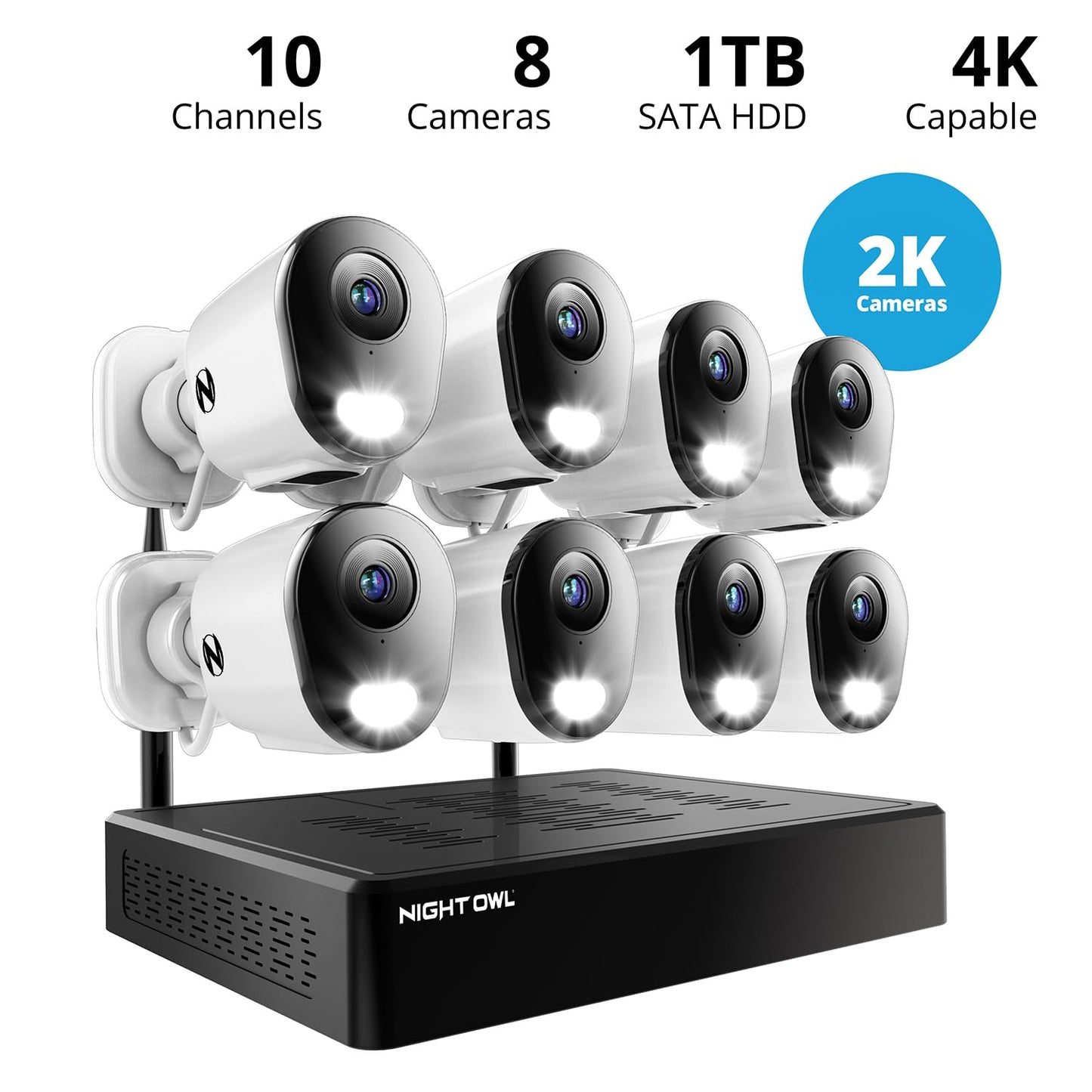 Night Owl 10 Channel Bluetooth Video Home Security Camera System with (8) Plug-in Wi-Fi 2K HD Indoor/Outdoor Spotlight Cameras with 2-Way Audio and 1TB Hard Drive (Expandable up to 10 Cameras)