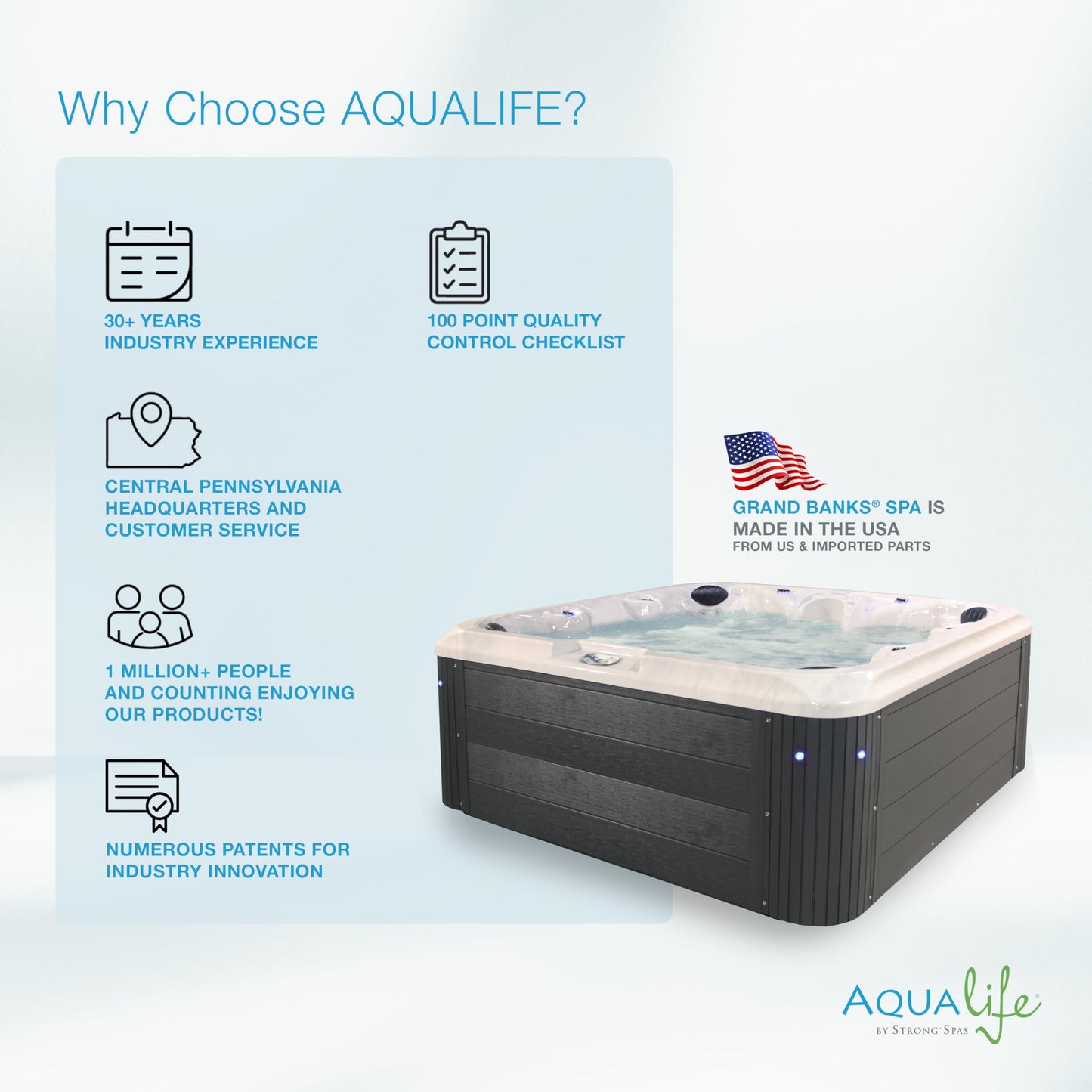 AquaLife Grand Banks™ 6-Person 81-Jet Acrylic Non-Lounger Hot Tub with LED Lighting, Insulated Cover, Stainless Steel Heater and Ozonator