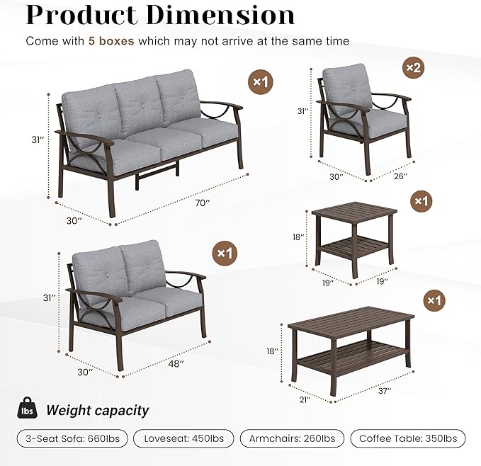 FansaFurn 6-Pieces Outdoor Patio Furniture Set, Outdoor Metal Sectional Furniture with Cushions, Outdoor Conversation Seating Set with Coffee Table for Garden, Balcony, Deck, Backyard, Grey