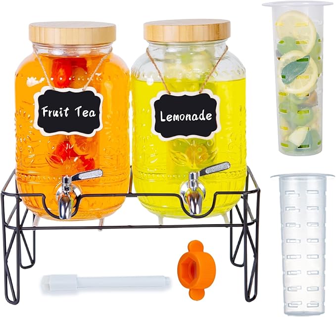 2-Pack1Gallon Glass Drink Dispensers for Parties,Beverage Dispenser with Stainless Steel Leakproof Spigot/Stand/Bamboo Lid...