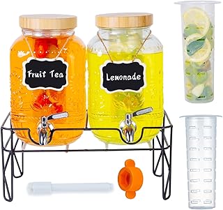 2-Pack1Gallon Glass Drink Dispensers for Parties,Beverage Dispenser with Stainless Steel Leakproof Spigot/Stand/Bamboo Lid...