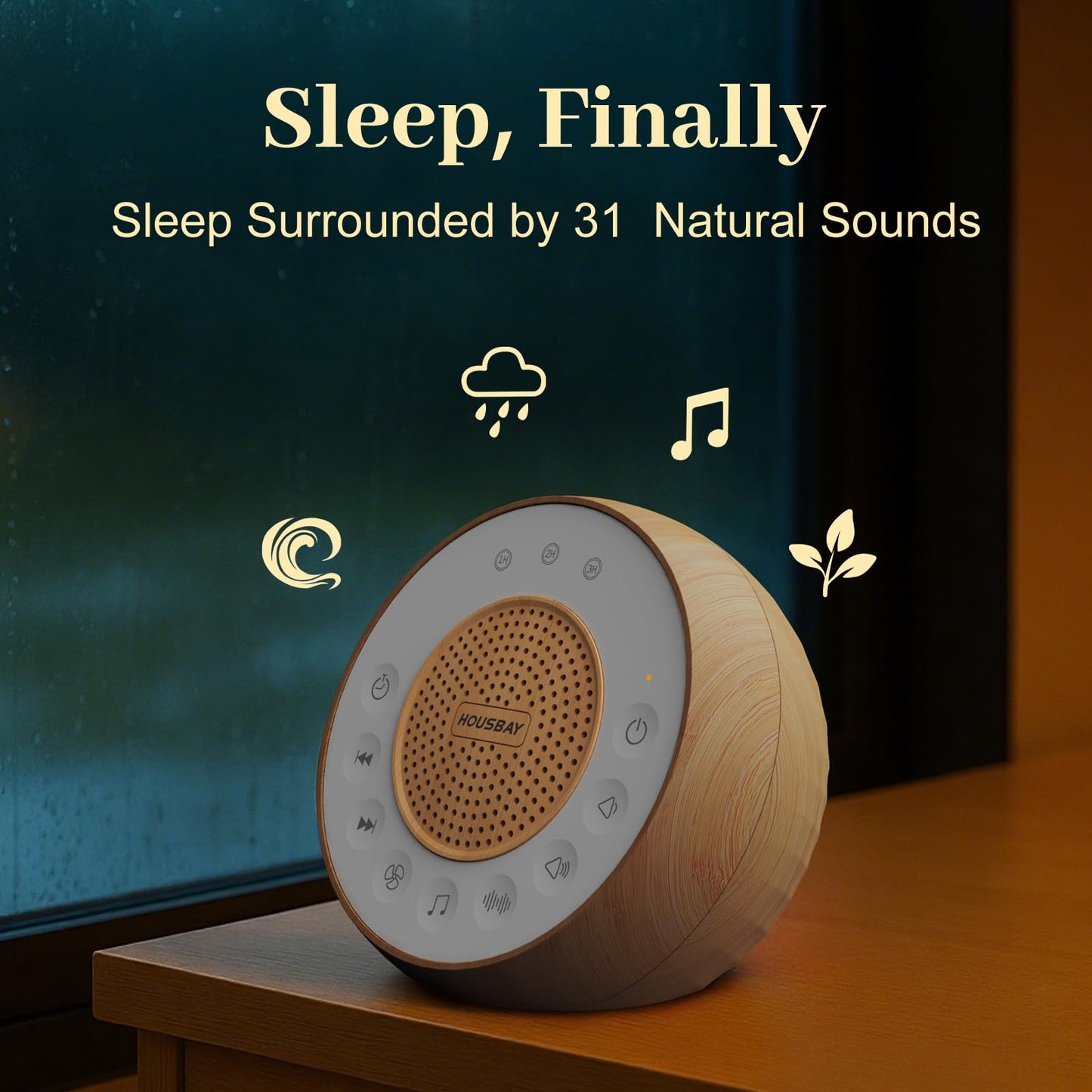 Housbay White Noise Sound Machine for Sleeping, 31 Soothing Sounds, Small Sleep Machine for Adults, Wood Grain Design for Bedroom & Noise Canceling