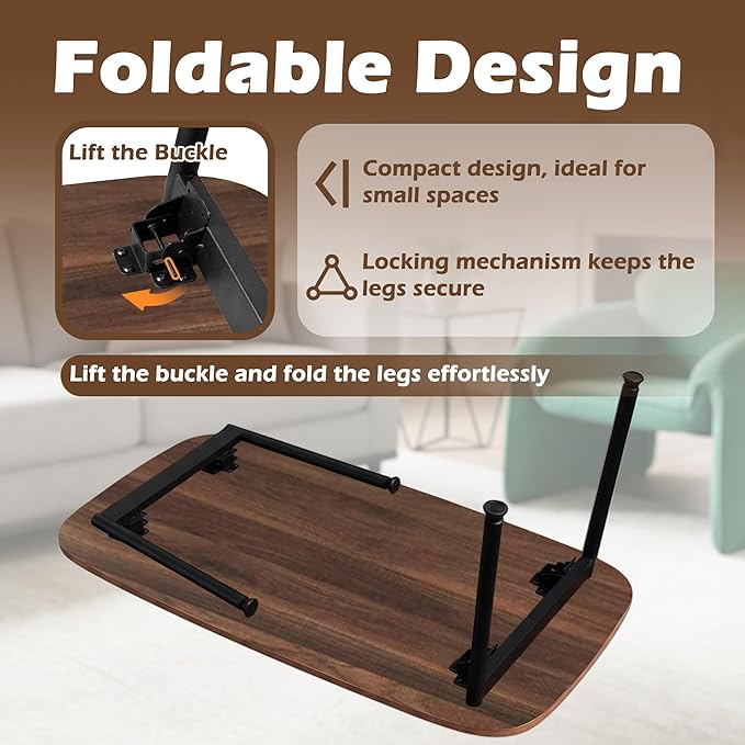 Folding Coffee Table, Portable Floor Table for Sitting on The Floor, Midcentury Modern Coffee Table, Foldable Floor Table for Living Room, 40''L x 20''W x 15''H, Walnut