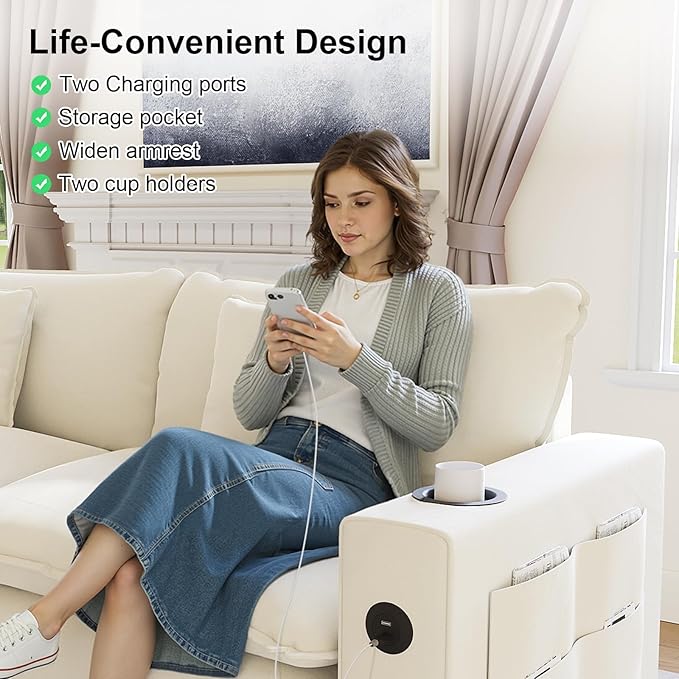 KCGKCG 116" Modular Sectional Sofa, L Shaped Cloud Couch with Movable Ottoman, Chenille Deep Seat Cloud Sofa with Charging Station, Cup Holder, Side Pocket, Sectional Couches for Living Room, Beige